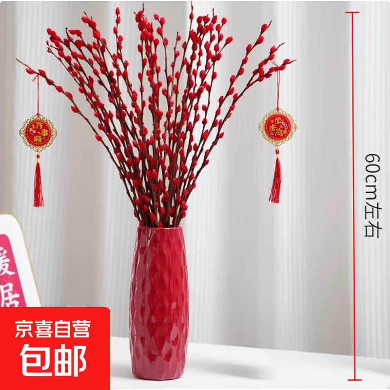 银柳真花鲜枝客厅摆件冬季耐寒干花新年红色福桶招财年宵花卉盆栽 银柳60CM20枝+【红色波浪瓶】送随机挂件1份 含盆