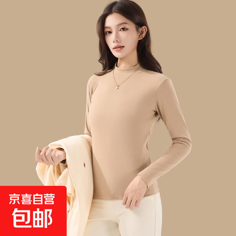 2025新款轻暖衣打底衫秋冬季卫衣宽松女款半高领上衣内搭百搭休闲 卡其色 XL 【120斤-160斤】