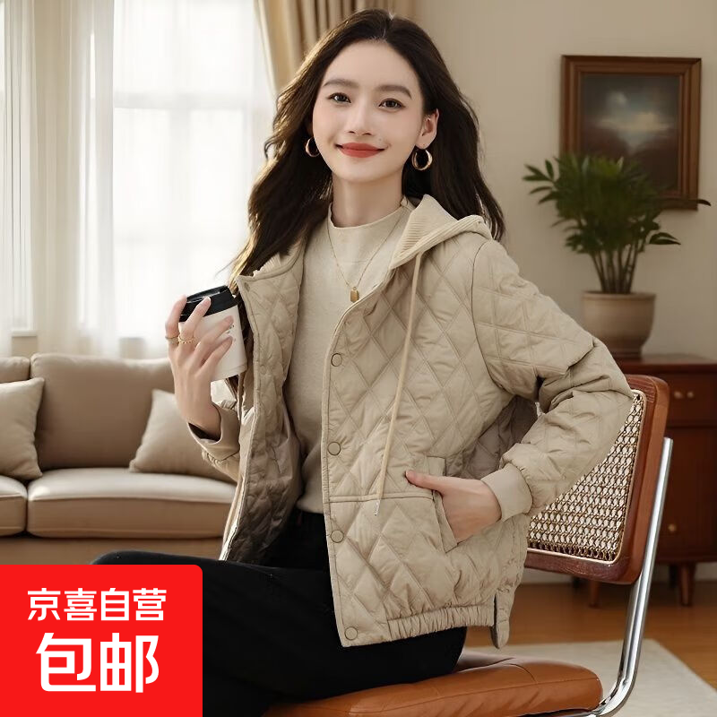 短款棉服秋冬2025新款小香风菱格小棉袄韩版宽松轻薄百搭棉衣外套 卡其色 XL 建议106-120斤