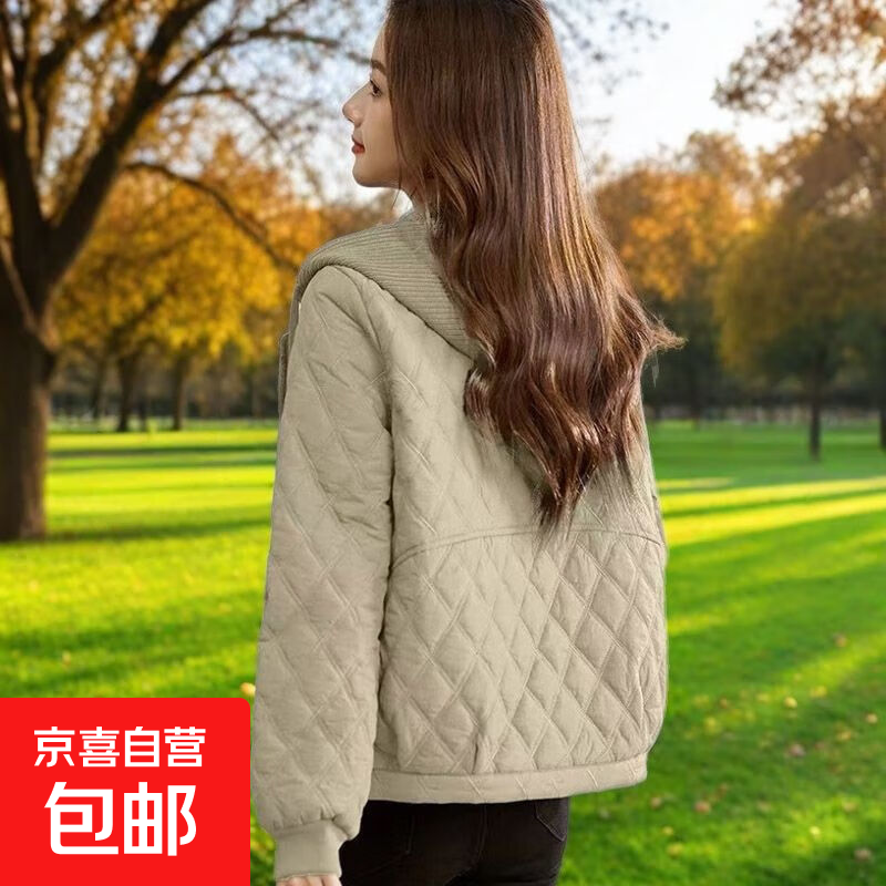 2025秋冬季新款短款棉服新款时尚连帽小个子轻薄棉衣气质棉袄外套 卡其色 L 建议88-105斤