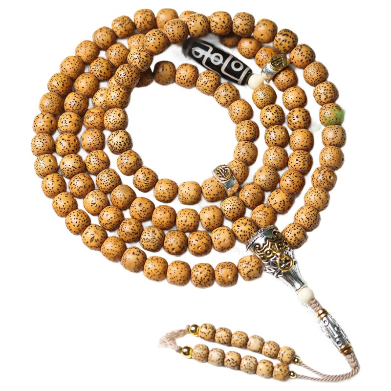 海南星月菩提黄金陈籽老料鸡油黄老型桶108颗藏银三通天珠款手串 鸡油黄藏银天珠款（910mm）