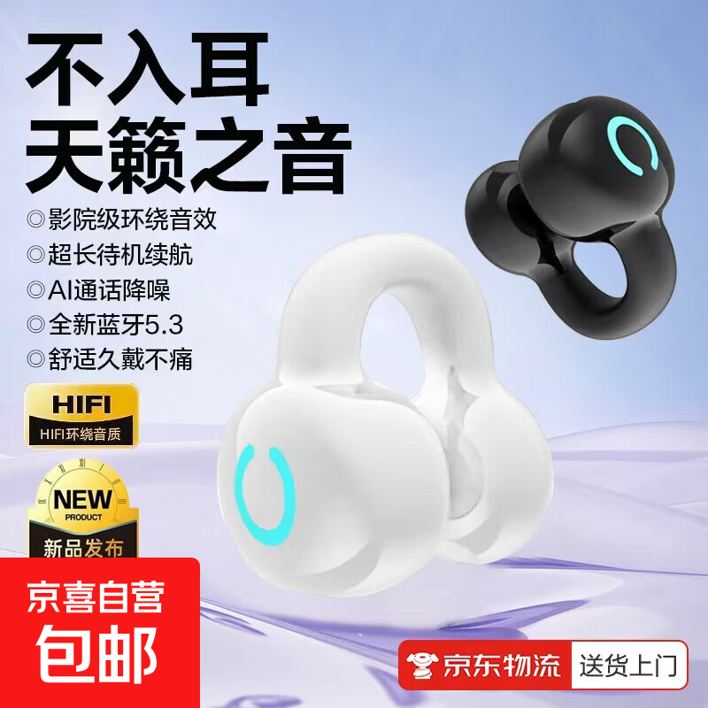 罗凡尼（Rofani）新款高颜值夹耳式无线蓝牙耳机 骨传导概念不入耳开放式运动跑步挂耳式通话降噪跑步运动耳机 白色【单耳-左右耳通用】