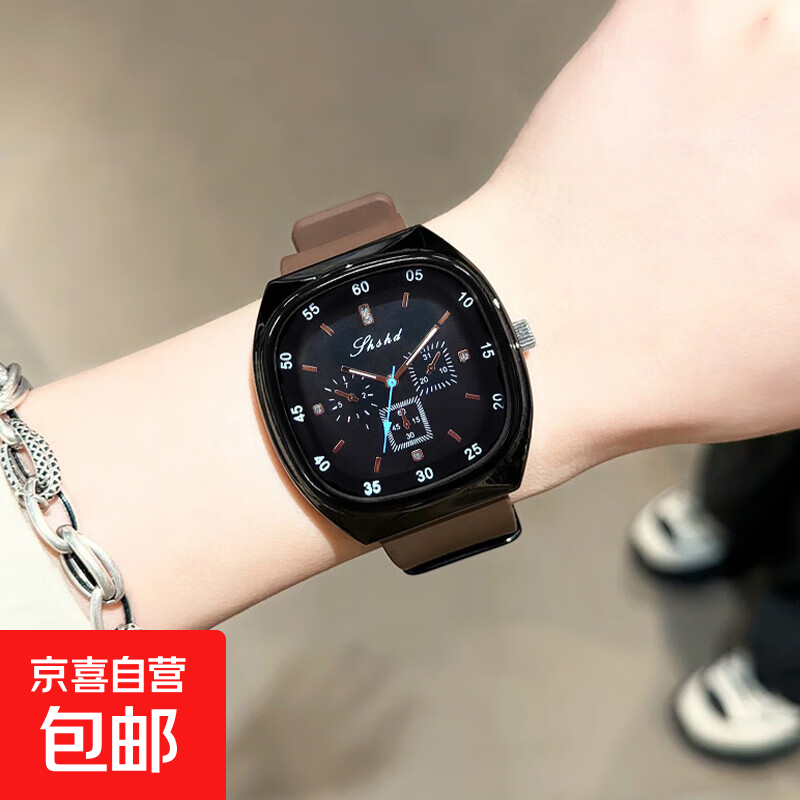 2024新款手表品牌正品个性潮流时尚硅胶腕表女表高颜值大表盘运动 咖啡色