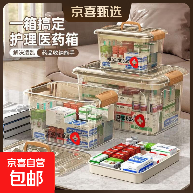 京东物流 收纳盒零食水果杂物收纳筐塑料手提带盖家居衣物收纳箱 【中号透明药箱单个】 30*22*18cm 奶咖色