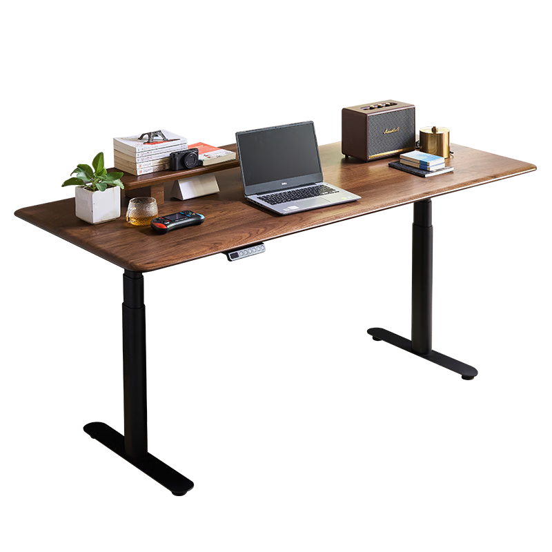 智芯 黑胡桃木电动升降桌客厅办公桌智能电脑桌实木书桌可定制