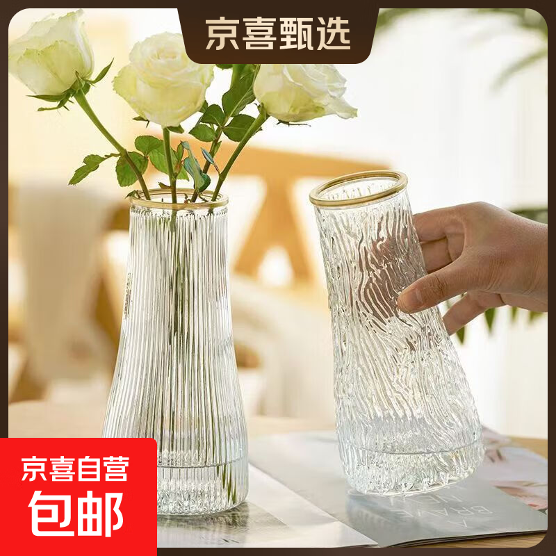 透明玻璃深海花瓶ins风植物干花插花水培大容器台面装饰客厅摆件 水波纹玻璃花瓶(17*5.5*8) 1个装