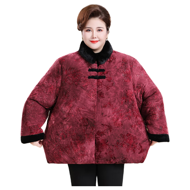 榄舍中年妈妈羽绒棉服女冬季新款中式盘扣保暖棉衣大码胖太太国风外套 红色 7XL （建议200-220斤）