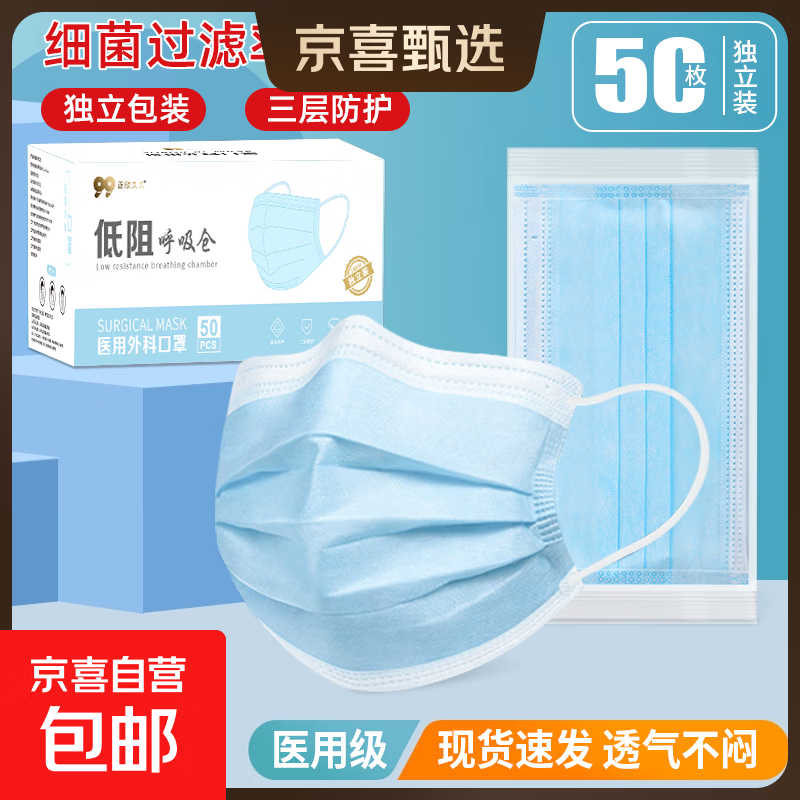 医用级外科口罩独立包装一次性口罩50只一盒厂家批发 蓝色【独立装】【50只/盒装】