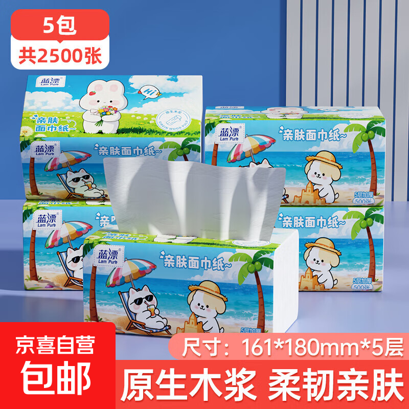 蓝漂纸巾抽纸面巾纸 4边压花锁花 超大包原生木浆100抽5层加厚 5层 500张*5包