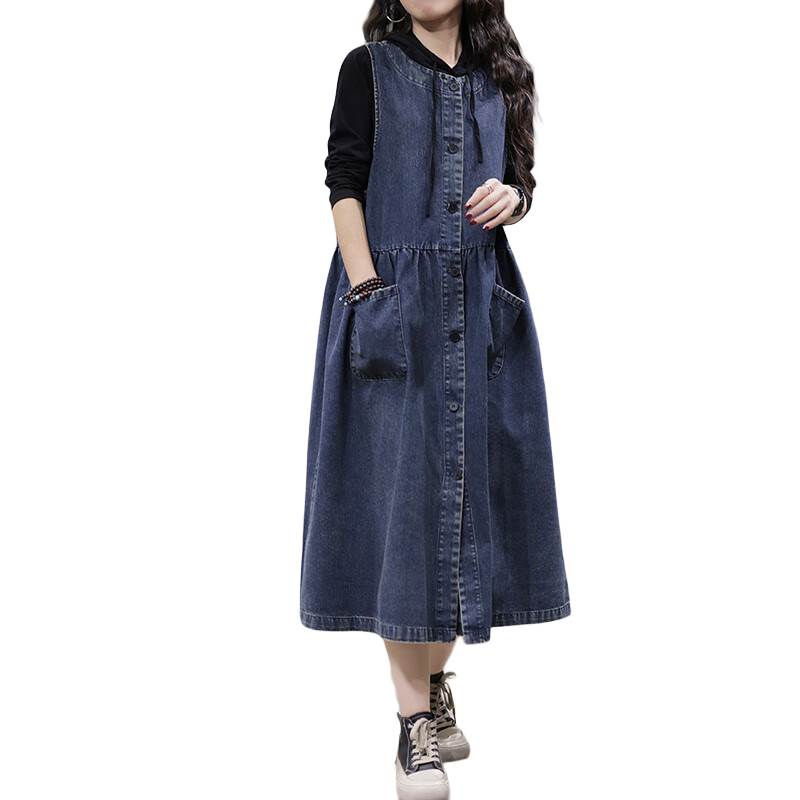 衣瑾帛社（YJ.BoShe）牛仔連衣裙女春季休閑單排扣寬松顯瘦牛仔裙女中長款無袖外穿裙子 復(fù)古黑 均碼