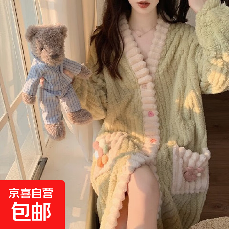 2025不掉毛秋冬款法兰绒家居服珊瑚绒睡衣冬季女款加绒加厚花儿 睡袍-浅绿 均码 (165) 121-140斤可穿
