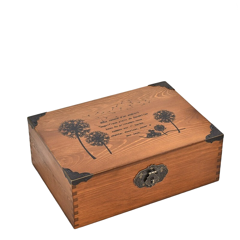 坤美桌面收纳盒带锁复古木盒子证件木箱子百宝箱首饰盒贵重物品密码盒 蒲公英 小号