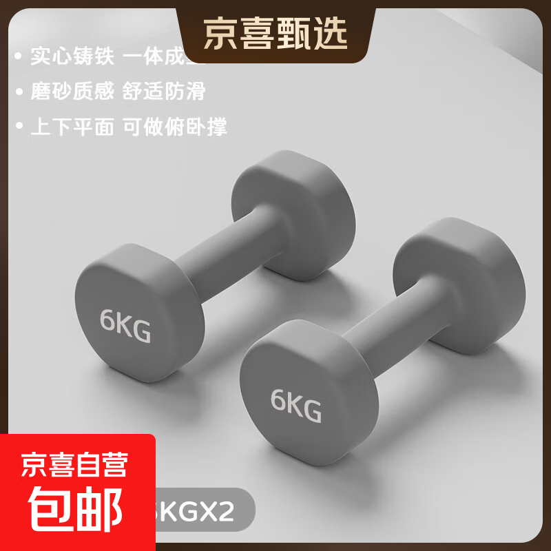 女士哑铃健身家用实心铸铁纯铁男士练臂肌瑜伽学生儿童浸塑小哑铃 竹炭灰 6KG *2只