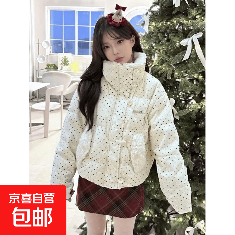 灯芯绒波点羽绒棉服女2025冬新款加厚宽松羊羔毛领面包服短款外套 米白色 XL