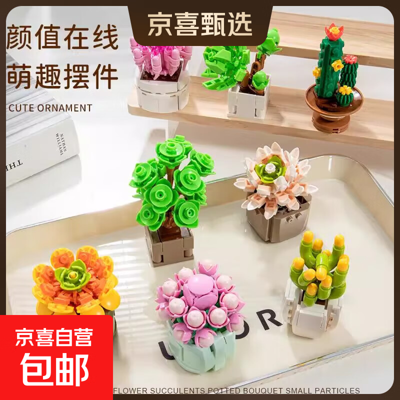 多肉植物积木女孩盆栽花束拼装玩具小颗粒益智小女生摆件生日礼物 多肉盆栽【蓝松】