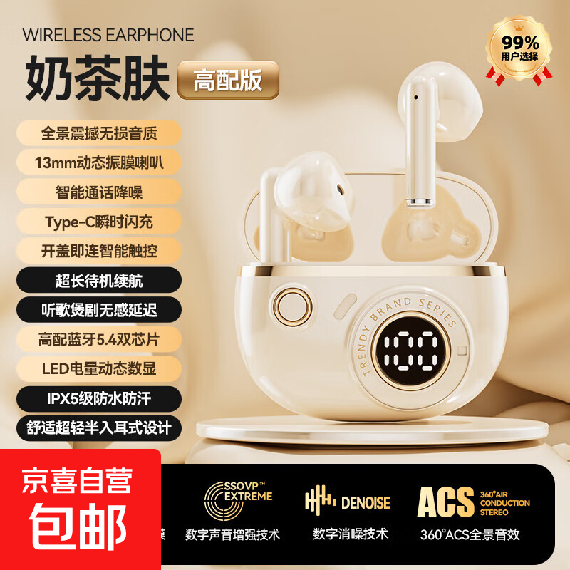 罗凡尼（Rofani） J08C 智能数显HIFI音质长续航运动跑步游戏低延迟通话降噪便携时尚学生情侣通用半入耳式蓝牙耳机 肤色顶配款-杜比音效-智能高清降噪-5.4双芯片