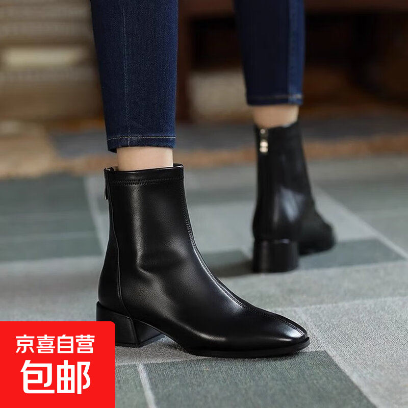 复古方头粗跟短靴女秋冬季英伦风切尔西靴显瘦马丁靴弹力瘦瘦靴子 黑色单里 36