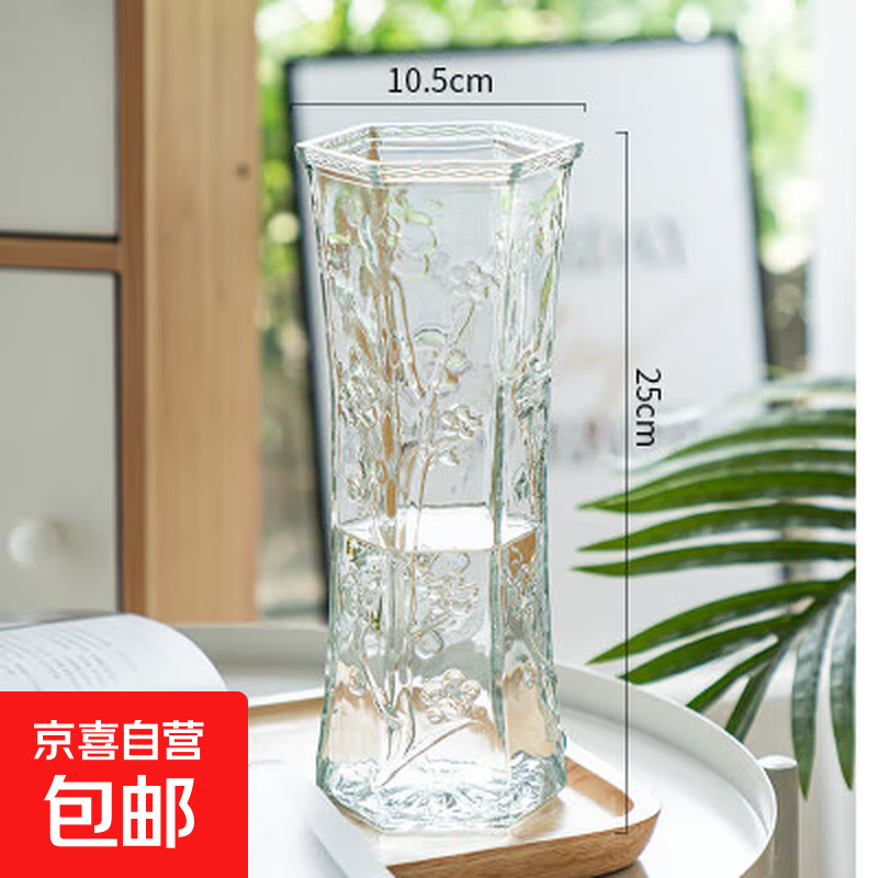 特大号水养富贵竹百合透明六角玻璃花瓶干花插花花瓶客厅装饰摆件 25六角（梅花款） 大