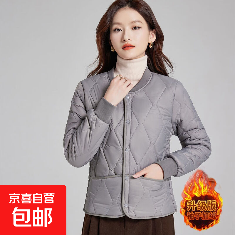 棉衣女短款加绒轻薄内穿小棉袄秋冬季保暖羽绒棉内胆打底防寒外套 灰色 【立领新款】 5XL 141-158斤