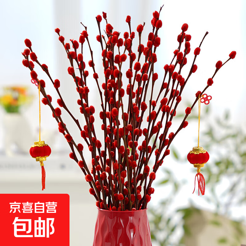 银柳真花鲜枝干花摆件室内水培绿植物新年节日招财年宵花卉盆栽 精选红色银柳60CM高【50支】+2个小灯笼