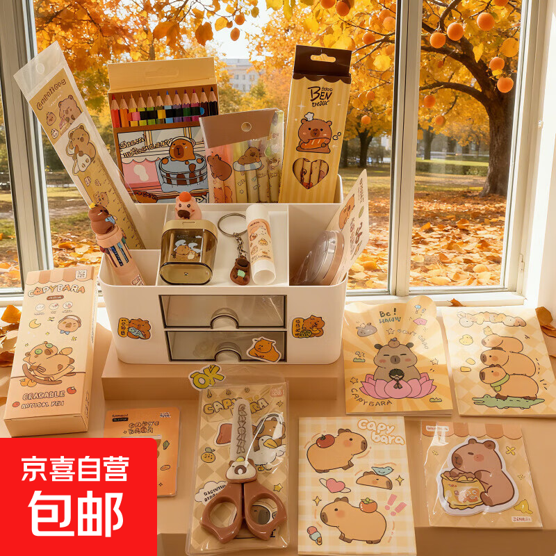 跨境爆款可爱卡皮巴拉文具套装小学生学习必备文具奖励实用小礼品 卡皮巴拉收纳盒文具套装