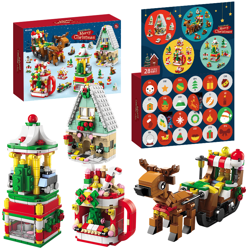 Beityos圣诞盲盒圣诞节礼物礼盒戳戳乐圣诞老人圣诞树积木送男女孩 1100颗粒-圣诞雪橇积木【24盲盒