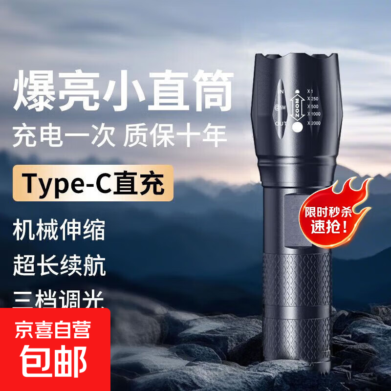 便捷强光手电筒变焦充电LED远射居家户外学生老人照明灯迷你小型 【经典爆款】300容量普亮版