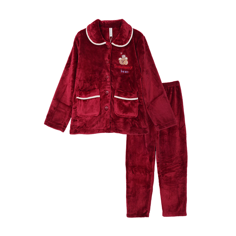 芬腾睡衣女秋冬翻领法兰绒长袖开衫女士家居服睡衣套装 灰绿-女款 2XL