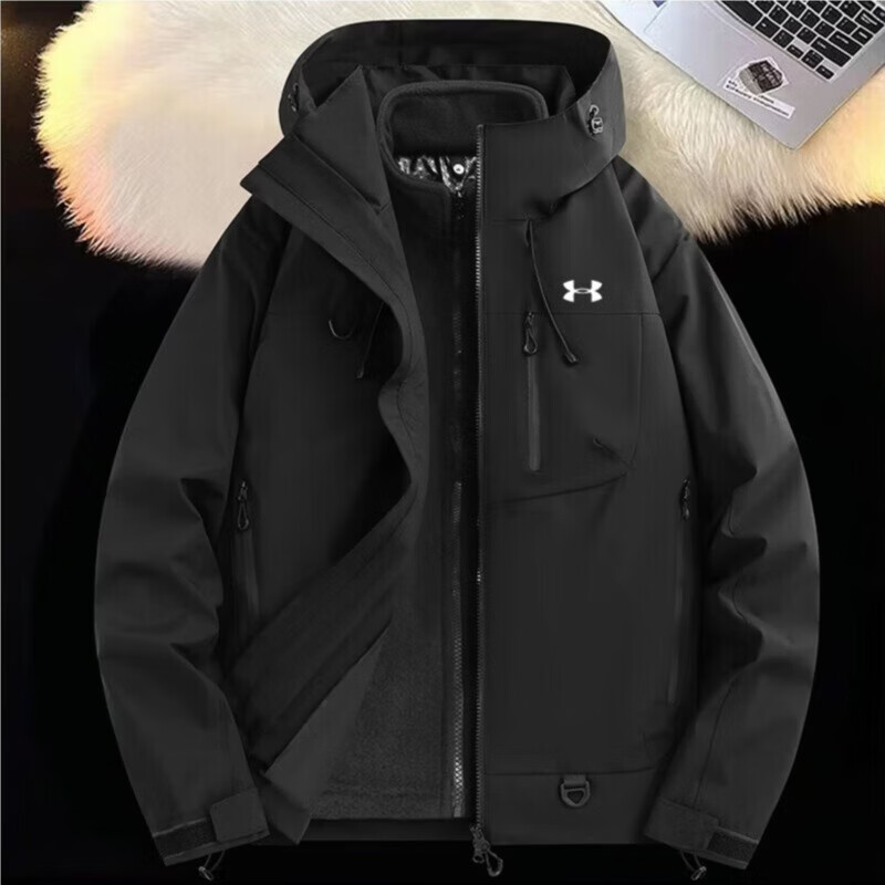 安德玛冲锋衣男2025年新款秋冬季户外登山外套连帽三合一防风防水男夹克 黑色 L【建议120-140斤】