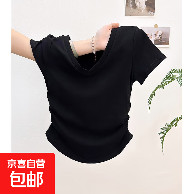 辣妹纯欲风V领短袖t恤女2025新款夏季褶皱修身显瘦小个子上衣GZXY 黑色 M