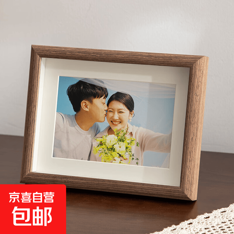 相框摆台加打印空框相册全家福摆台6寸高级感a4画框真玻璃迷你方形 咖啡色+卡纸 3寸-5.5*8.4cm钢化玻璃