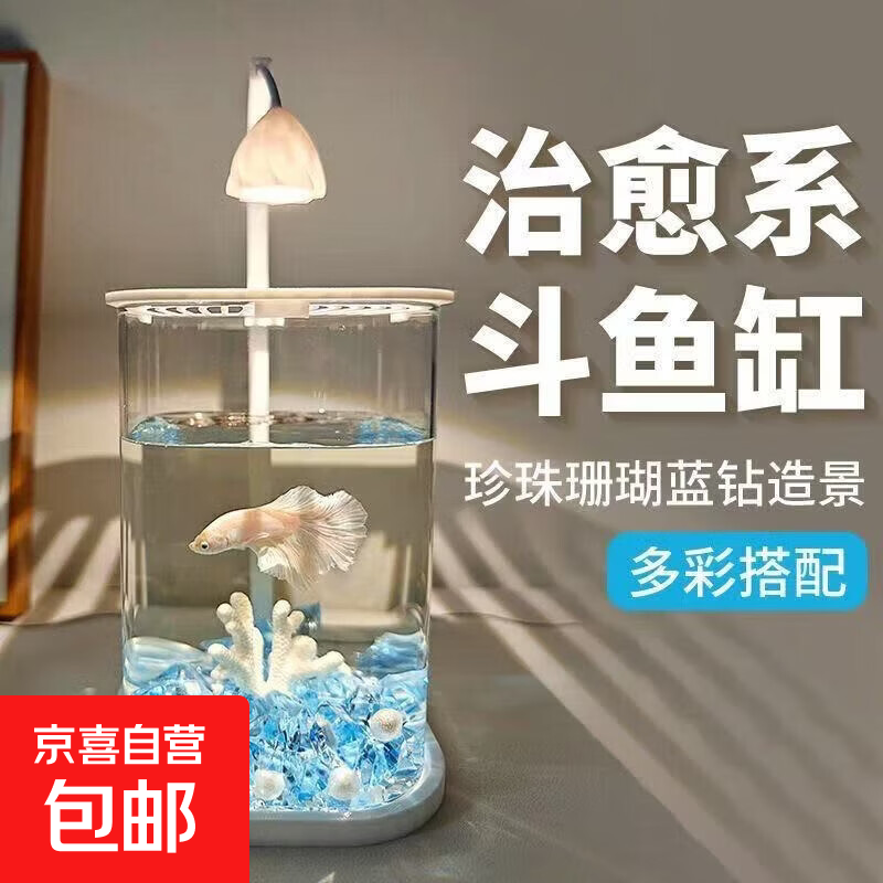 【京东物流】网红鱼缸桌面小高透玻璃治愈生态装饰懒人办公室冰晶 网红爆款圆角方缸裸缸（带灯） 10*10*15cm 网红爆款五代方缸【防爆升级】