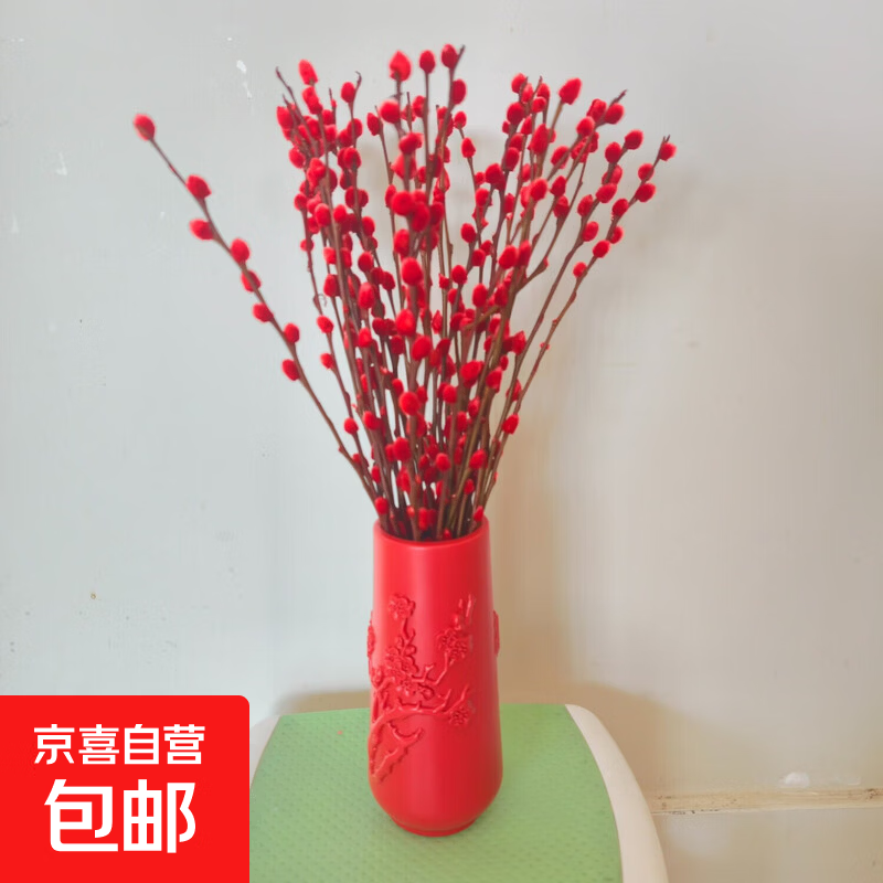 【银柳鲜花】红色年宵花银柳云南鲜花产地直发-京东快递A 红色30支8个挂卡送红色树脂花瓶1个 长度40-50cm