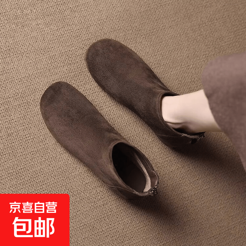 星期六羊皮短靴女2025新款冬季加绒棕色瘦瘦靴法式平底裸靴短筒靴 咖啡色 37