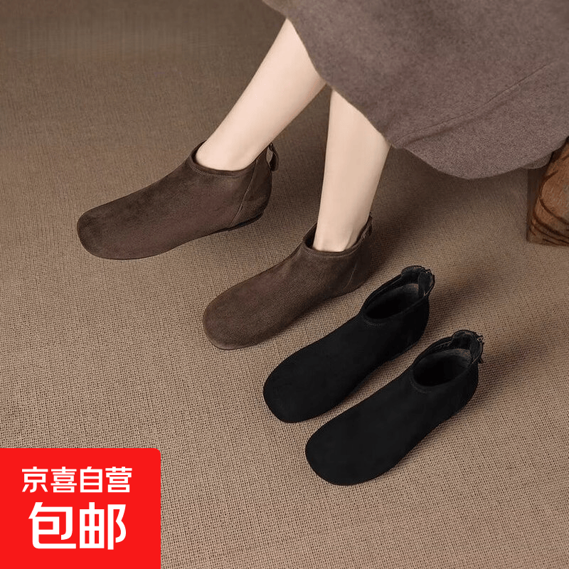 星期六羊皮短靴女2025新款冬季加绒棕色瘦瘦靴法式平底裸靴短筒靴 黑色 37