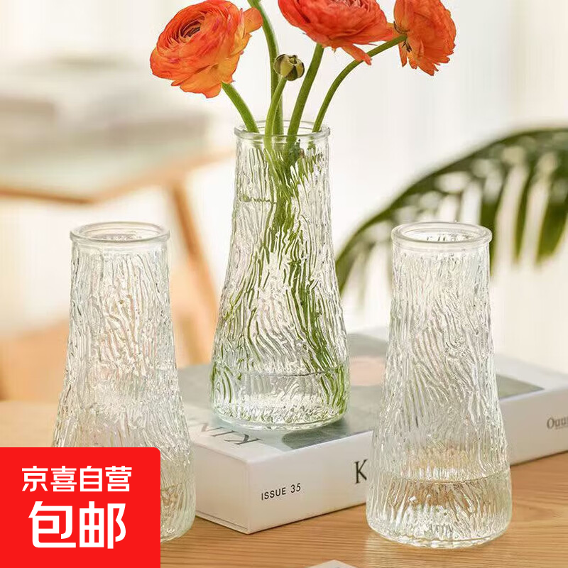 玻璃花瓶透明植物插花瓶水培容器大花瓶装饰客厅摆件 透明水波纹（17*5.5*8） 1个装