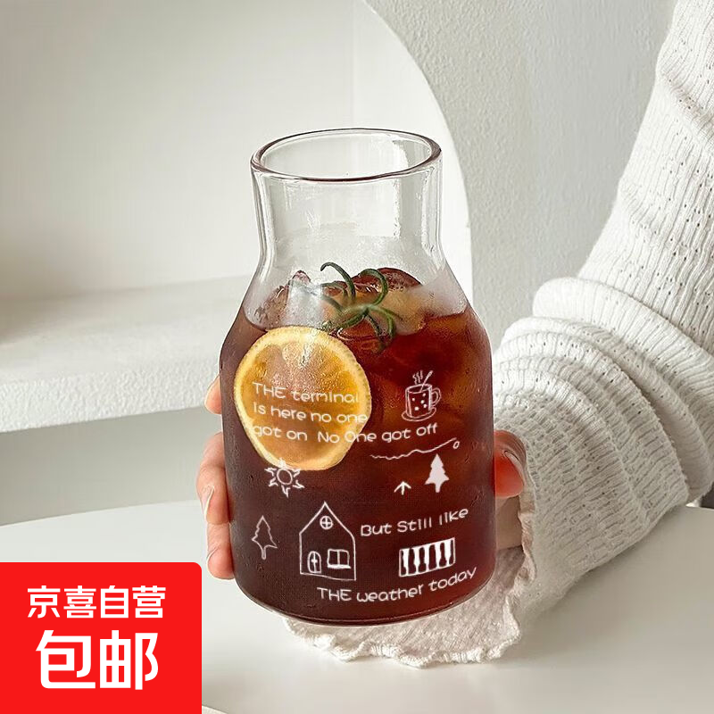 【高硼硅玻璃】玻璃吸管冷水壶高颜值玻璃杯家用果汁饮料壶 白色插画【送吸管】 650ml