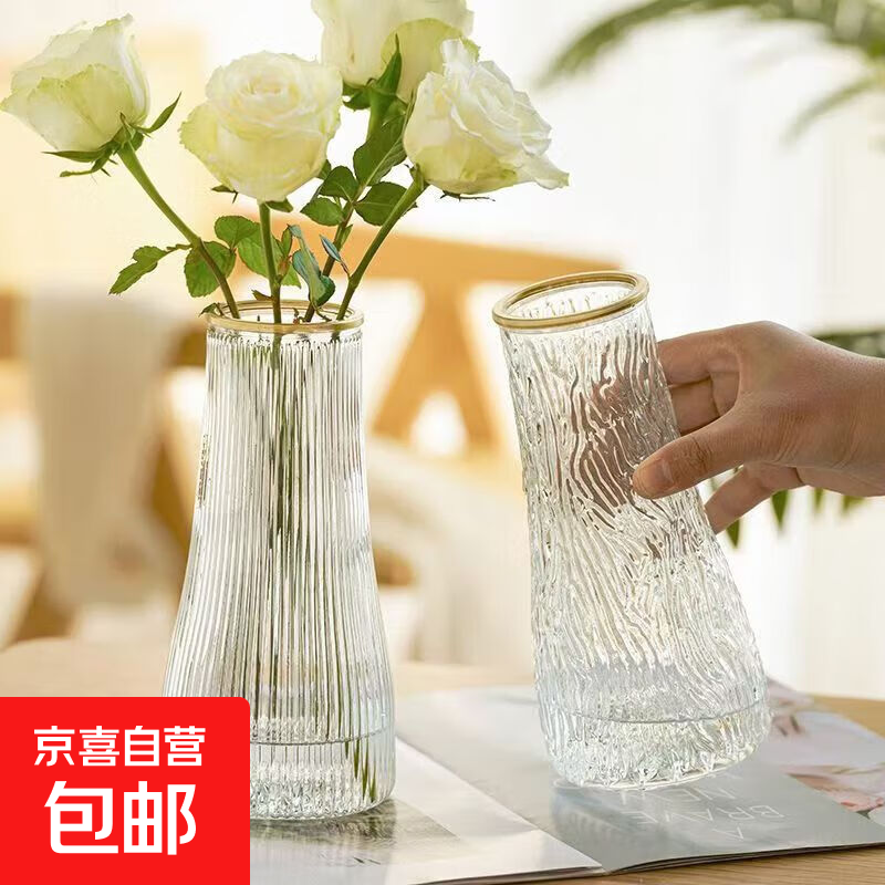 透明玻璃深海花瓶ins风植物干花插花水培大容器台面装饰客厅摆件 水波纹玻璃花瓶(17*5.5*8) 1个装