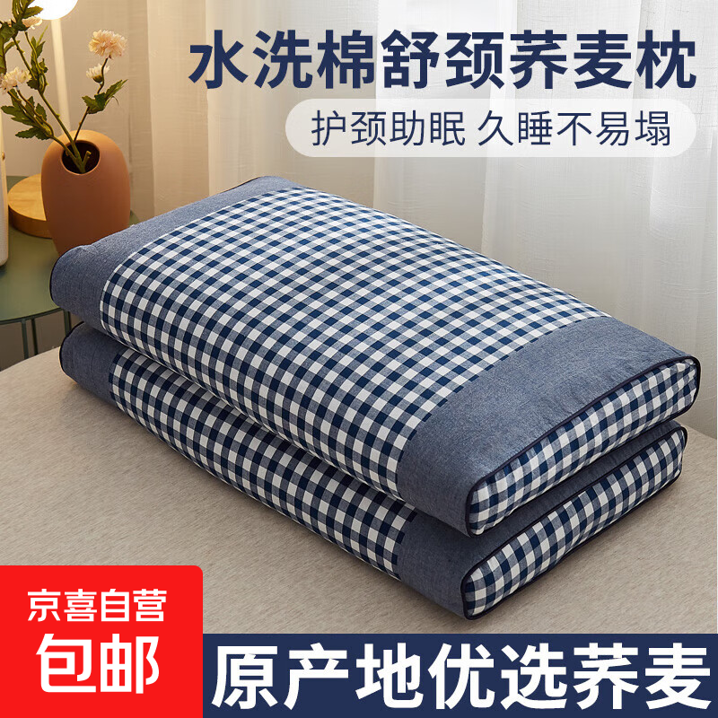 荞麦枕头枕芯100%全棉纯荞麦皮壳睡眠家用成人护颈枕硬枕高枕 特级高山荞麦壳 双拼深蓝单只