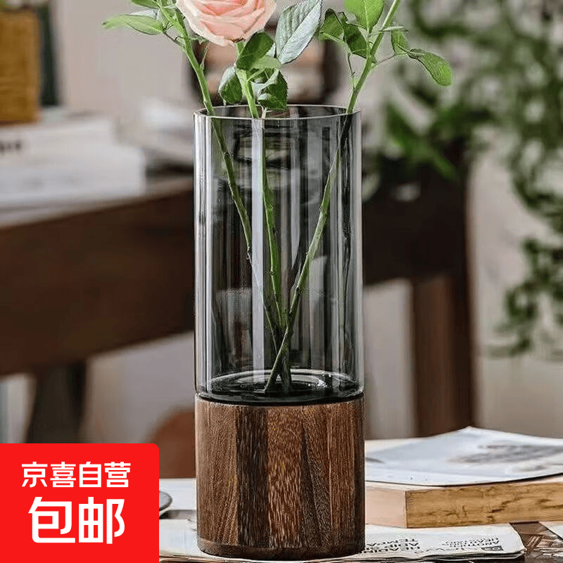简约创意复古木托玻璃花瓶直筒插干花瓶富贵竹大花瓶客厅装饰摆件 【大号烟灰】木托光板花瓶
