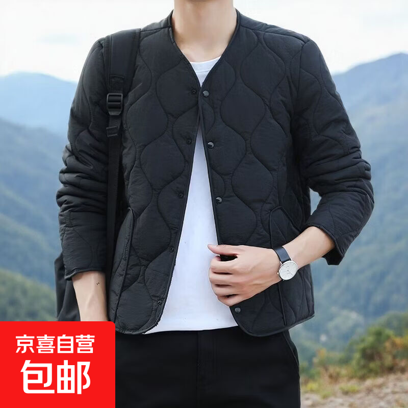 新款男士棉服冬季内胆加绒短款加厚棉衣学生无领棉袄内穿保暖外套 黑色 2XL 建议140-160斤