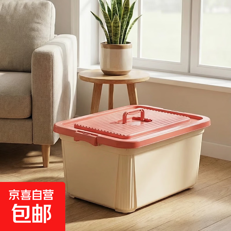 【加大加厚】收纳柜家用带盖塑料杂物盒子长方形收纳筐储物整理柜 奶油色 中号【22*16*12cm】 带提手