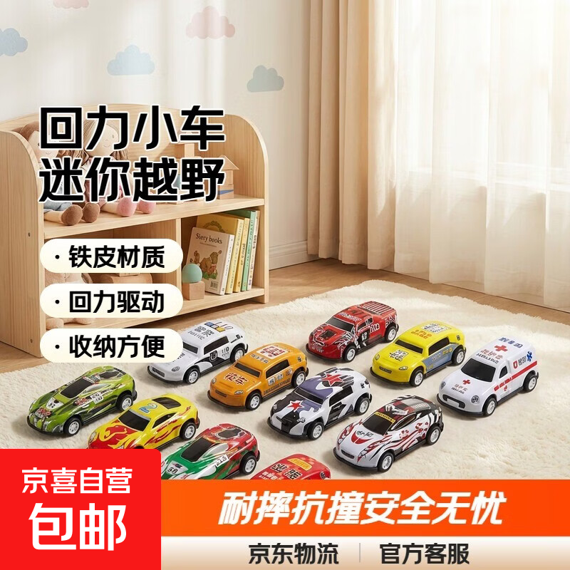 儿童合金回力小车迷你金属越野车小汽车模型玩具收纳桶铁皮车礼物 铁皮合金车10只