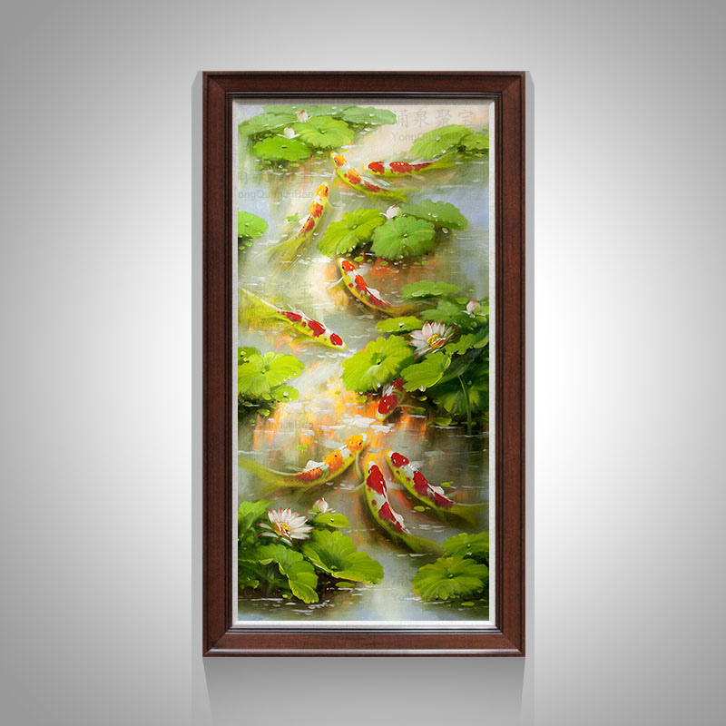 欧式入户玄关装饰画竖版九鱼图油画纯手绘新中式办公室客厅招财画荷花