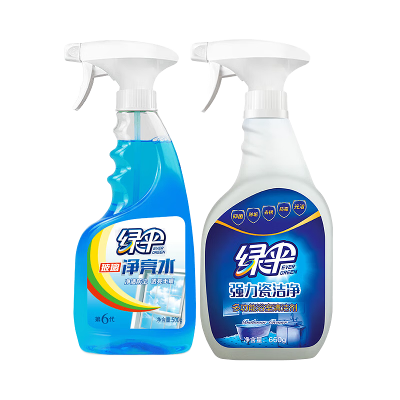 绿伞强力瓷洁净 浴室卫生间 洗手池瓷砖墙壁玻璃清洁剂 去污垢水渍 500g*1瓶玻璃+660g*1瓶瓷砖