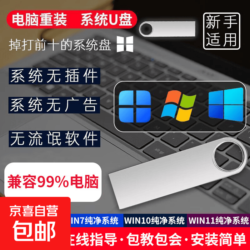 电脑重装系统U盘一键安装Win11/Win10/7专业纯净电脑PE启动优盘无捆绑装机U盘解决黑蓝屏远程指导 系统U盘支持安装Win7Win10Win11