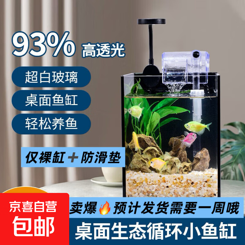 金晶超白玻璃桌面鱼缸小型家用办公室生态懒人全套造景小缸水草缸 裸缸+防滑垫 15*15*20
