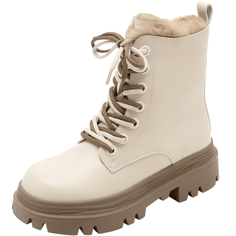 達芙妮厚底加絨馬丁靴女2025秋冬雪地靴軟底百搭短靴加厚保暖棉鞋女外穿 米卡其色【厚絨款】 37