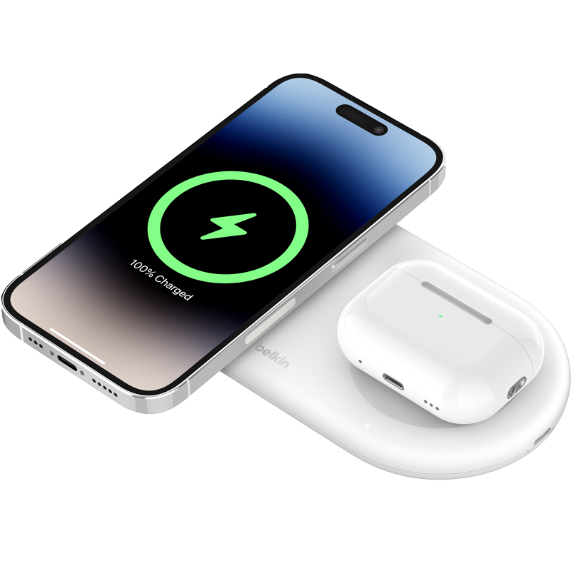 貝爾金（BELKIN）蘋(píng)果無(wú)線(xiàn)充電器 Qi2認證磁吸無(wú)線(xiàn)快充 iPhone15W快充 兼容MsgSafe快速充電 面板式二合一 套裝白