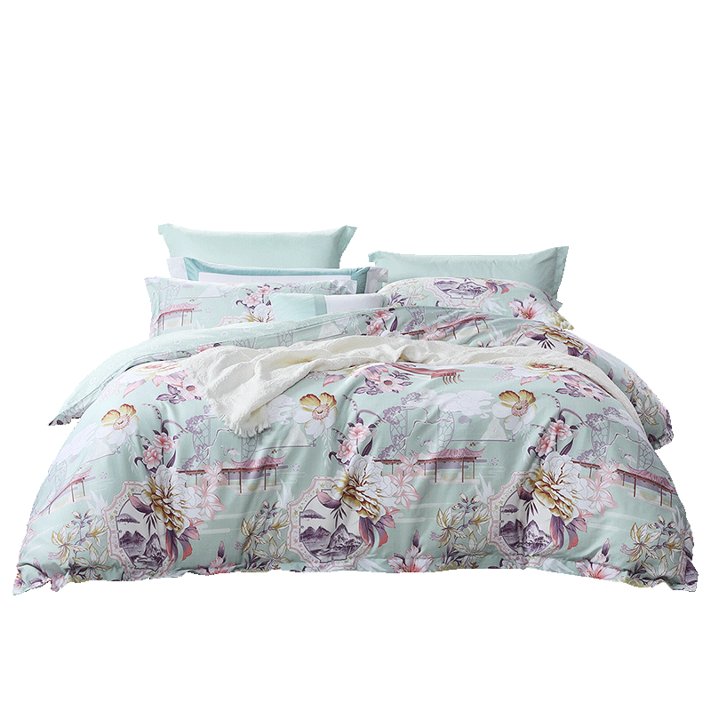 富安娜家纺 60支长绒棉床上四件套纯棉100%纯棉全棉印花床品床单被套 【60支长绒棉贡缎】玉棠 1.8米床 床单款 (被套230*229cm)